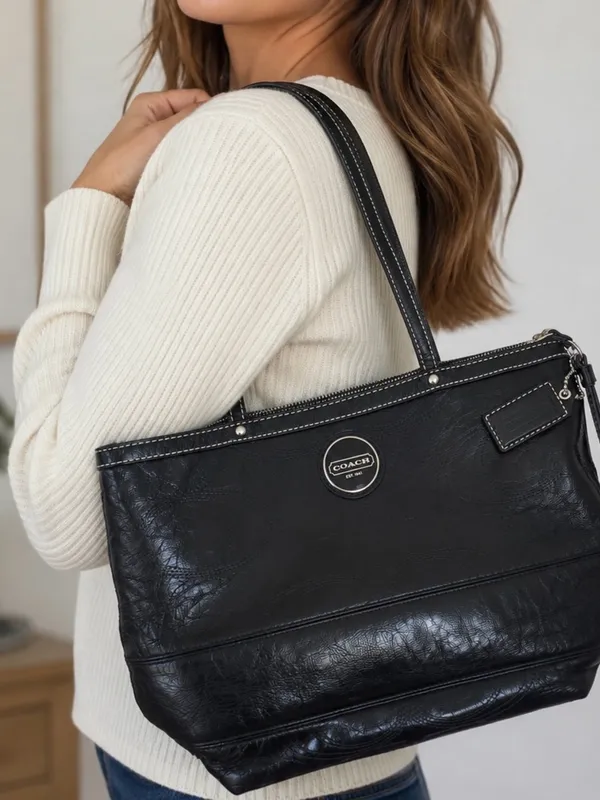 Coach East West Gallery Embossed Patent Leather Medium Tote Black Bag Authentic - Image 3