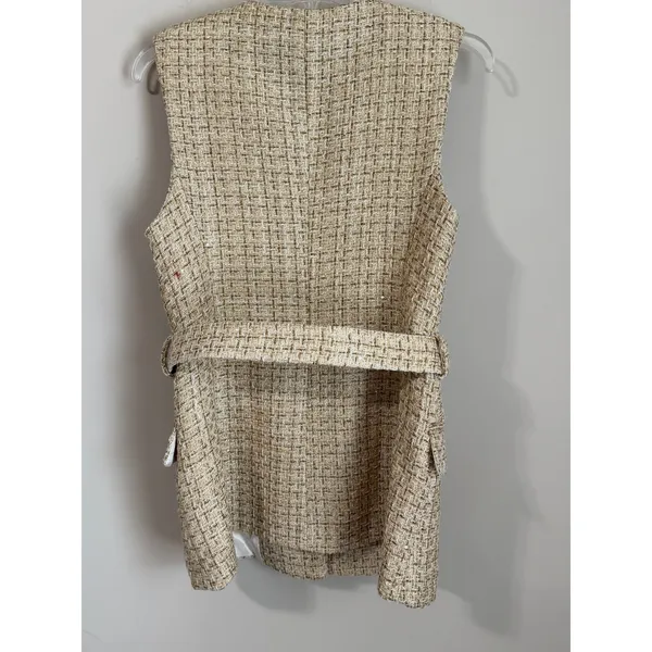 Zara Tweed Vest Women Medium Gold Metallic Belted Longline Sleeveless Jacket NEW - Image 5