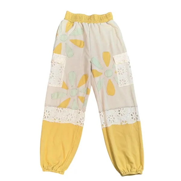 Oli & Hali Jogger Pants Women Small Yellow Patchwork Floral Eyelet Lace MB2170 - Image 4