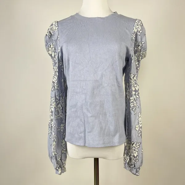 NWOT Anthropologie DOLAN Lace Puff-Sleeve Top Blue Size L Long sleeve - Image 6