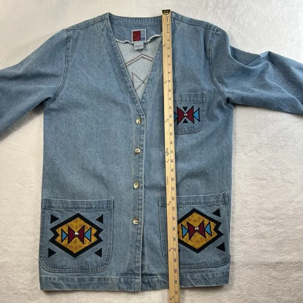 Vintage S Small Denim Jacket‎ Southwest Boho Aztec Embroidered Oversized USA - Image 11