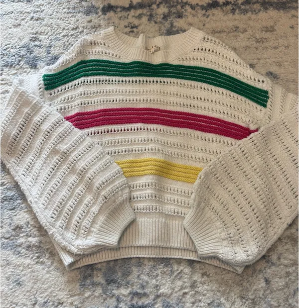 Willow & Clay White Knit Sweater with Green, Pink & Yellow Stripes - Image 2