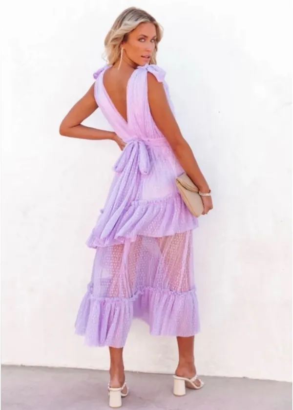 Vici Asymmetric Skirt Tie Strap Polka Dot Tie Back Detail Midi Dress Lavender Purple - Image 3
