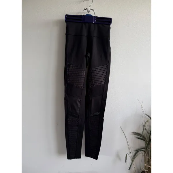 Alo Yoga Moto Leggings Black Quilted Mixed Media Activewear‎ XS W5494R - Image 3