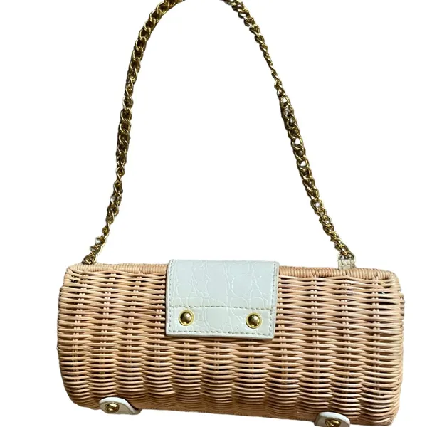 Vintage Woven Wicker Handbag Made In British Hong Kong w/ Leather Trim & Handles - Image 2
