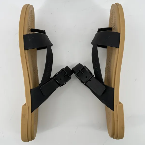 Crocs Tulum Toe Post Sandal Black Tan Women 11 Strappy Slip On Flip Flop Buckle - Image 7