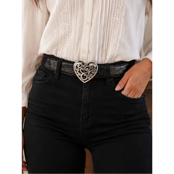Vintage Brighton Black Croc Embossed Leather Belt Heart Scroll Buckle USA Sz 38 - Image 2