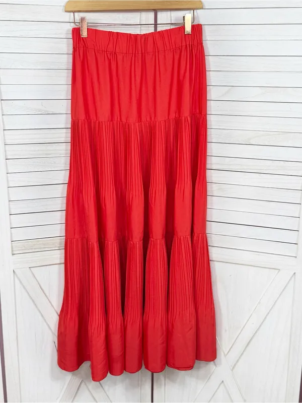 Outback Red Tiered Pleated Maxi Skirt Coral Orange Red XS Flowy Boho Tomato Girl - Image 8