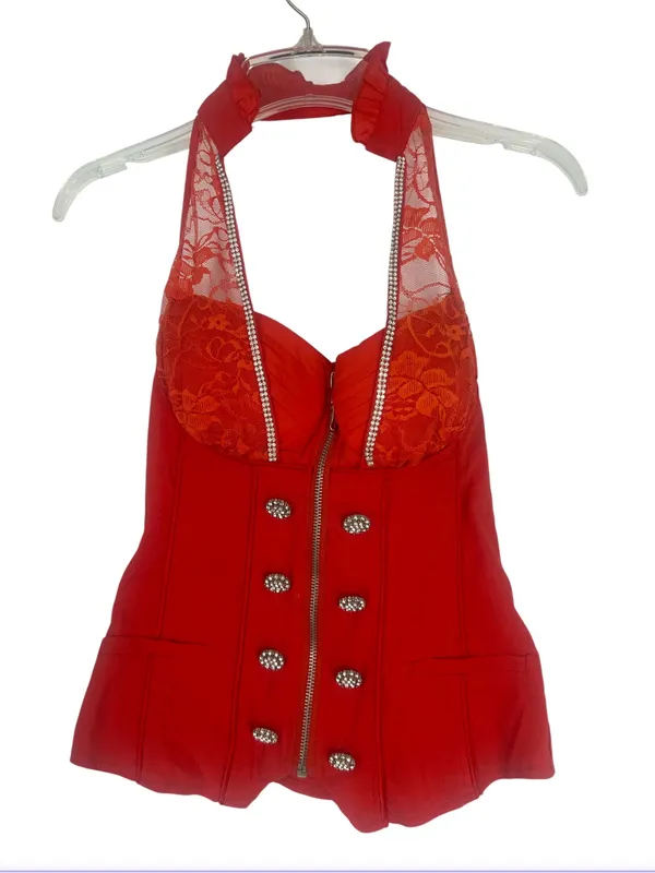 Vintage Y2k Lydia Usa Red Rhinestone Sailor Halter Corset Top - Image 2