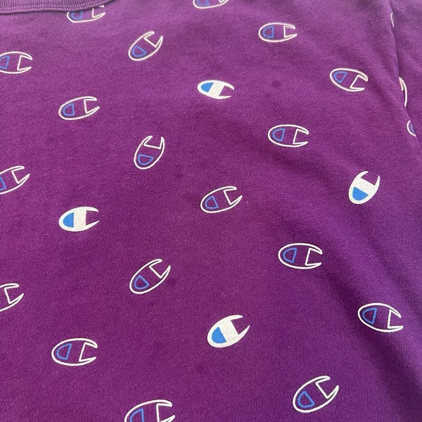 Champion T-Shirt Women's Large Short‎ Sleeve Crop Top Purple All Over Logo Print - Image 8