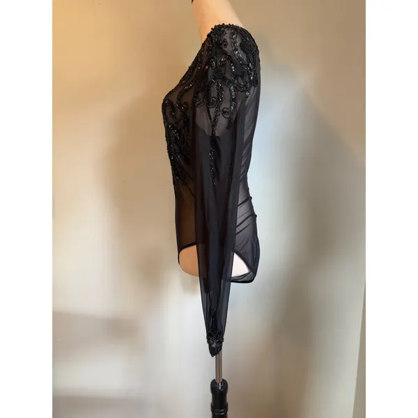 Tapesh Black Sheer Mesh Beaded Sequin Long Sleeve Bodysuit Large Vintage whimsig - Image 4