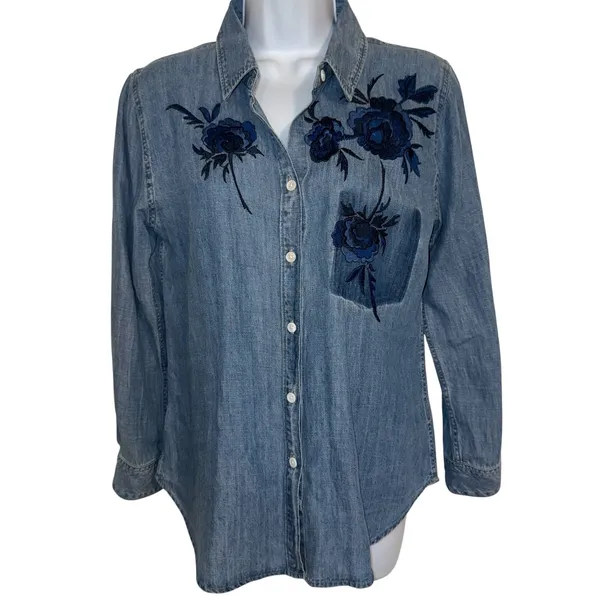 RAILS Chambray Shirt Button‎ Up Floral Embroidered Long Sleeve EUC Size XS - Image 2