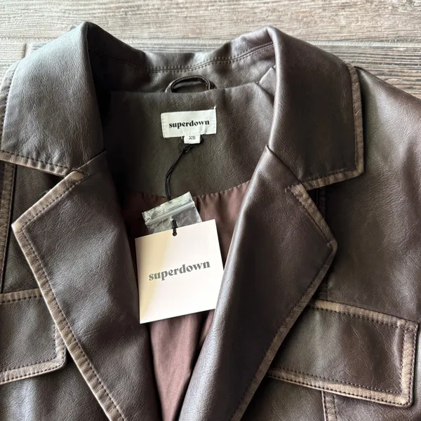 Revolve Superdown Blakely Faux Leather Brown Cropped Blazer Jacket - Image 5