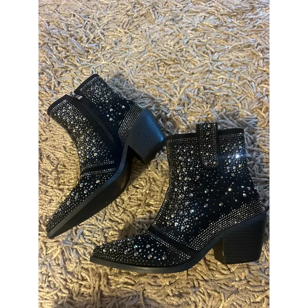 ISNOM Rhinestone Studded Cowboy Boot Black Women's Size 6 36 Shoes COUNTRY - Image 3