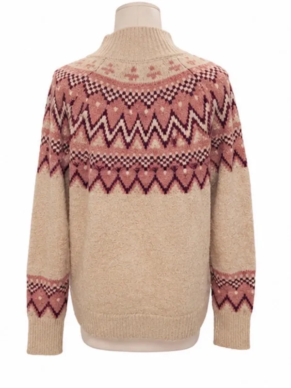 Max Studio Fair Isle Mock Neck Sweater Pink Cream Women’s Medium - Image 4