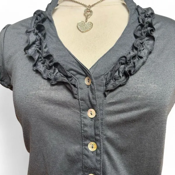 Self Esteem Vintage Y2K Women’s Deadstock Gray Button Up Top with Ruffle detail size M - Image 2