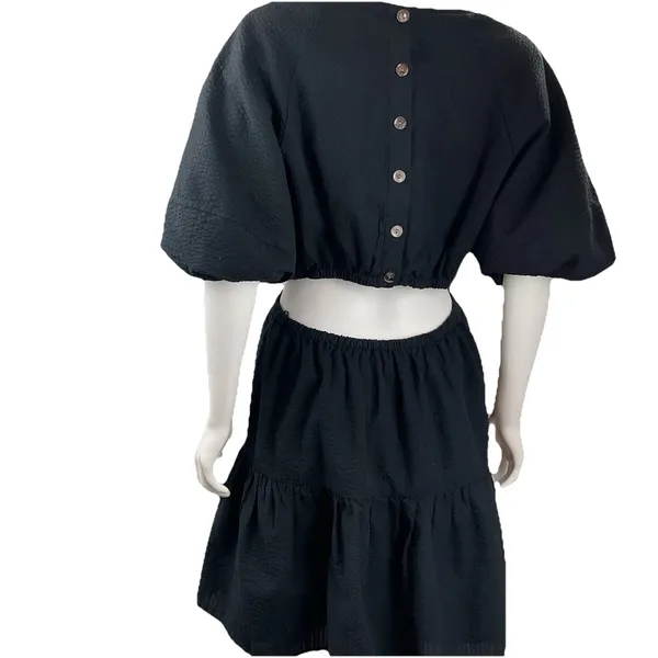 Madewell Seersucker Back Cutout Summer Dress Button Back Puff Sleeve Black‎ L - Image 14