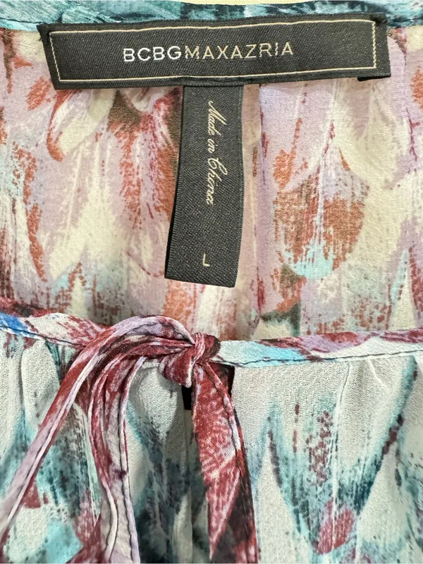 BCBGMAXAZRIA Feather Print Sheer Peasant Blouse Blue Purple Tie Neck Size L - Image 10