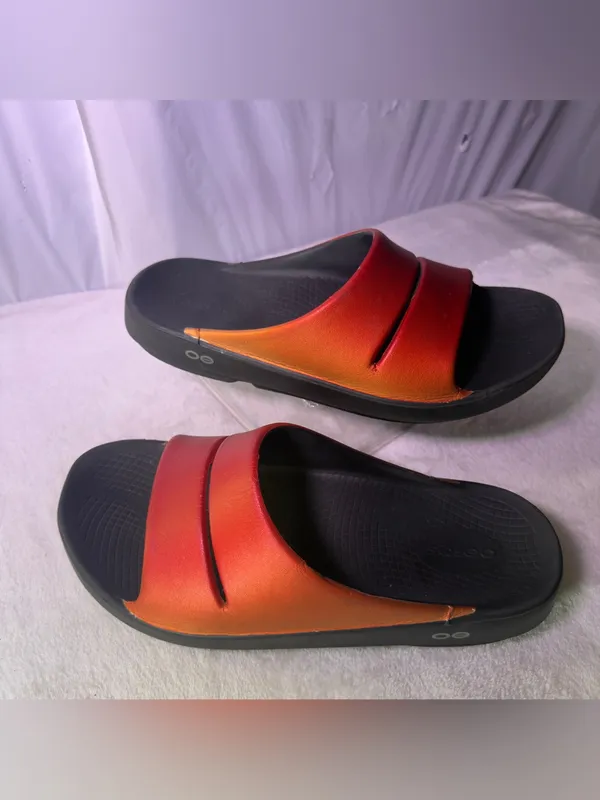 OOFOS Slide Sandal in Red-to-Orange Gradient with Black Sole - Image 3