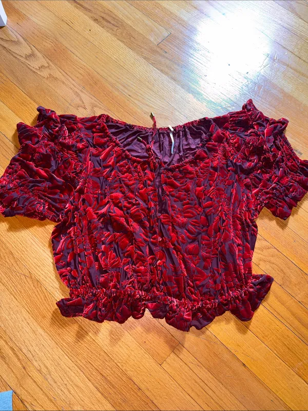 Free People Red Floral Ruffle Crop Top - Image 3