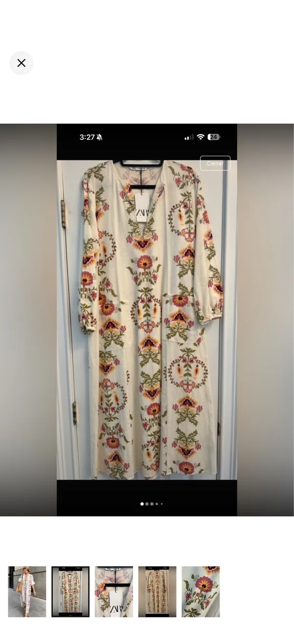 Zara White Floral V-Neck Dress with Pink, Yellow & Olive Print - Image 2