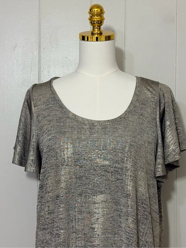 By Anthropologie Shimmer Knit Flutter Sleeve Metallic Top Silver XL - Image 3
