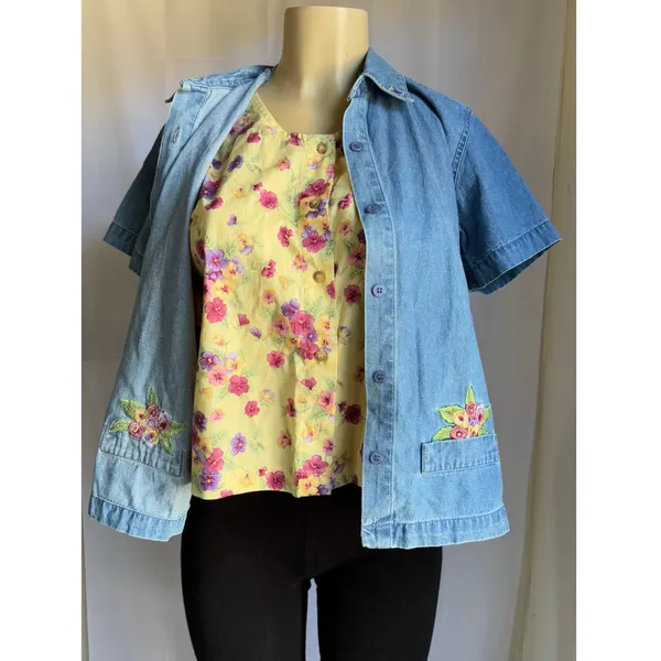 Vintage Lemon Grass Denim Shirt Jacket Embroidered Floral Women's PM NWT - Image 14