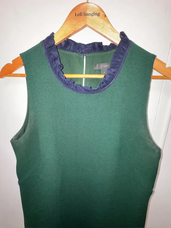 J.Crew Sleeveless Forest Green Shift Dress with Blue Ruffled Trim Size 8 - Image 5