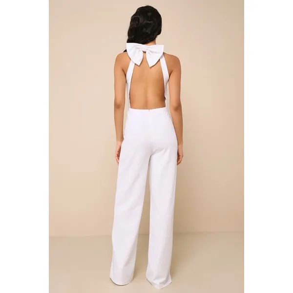 NWT Lulus Striking Elegance White Cutout Backless Halter Jumpsuit Elegant Sz S - Image 3