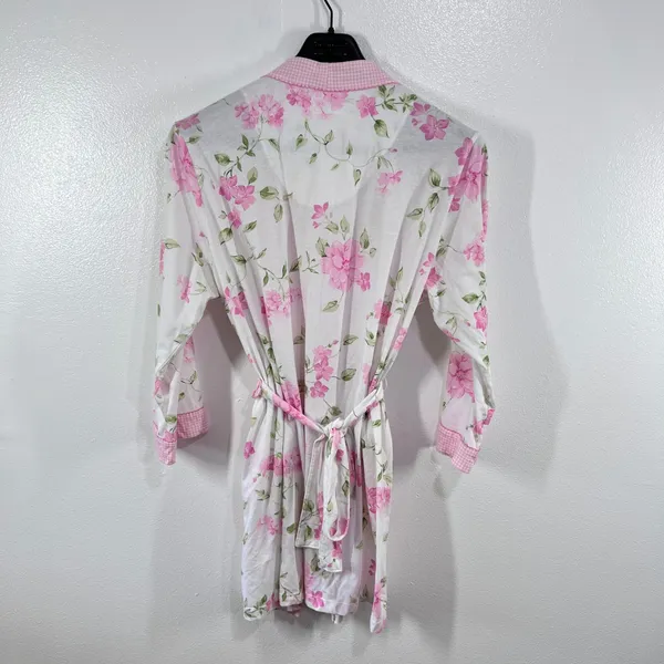 Pink Floral‎ Bath Robe Womens XL Cotton Blend Kimono Style Lightweight Belted - Image 3