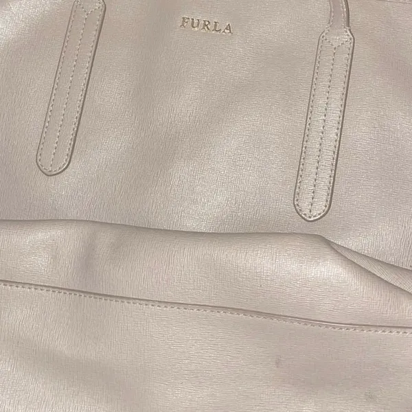 Furla Taupe Texture Leather Tote Shoulder Handbag Minimalist Quiet Luxury Chic - Image 3