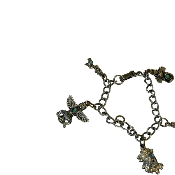 Turquoise Accented Charm Bracelet Anklet Southwestern Silver Tone Tribal Boho - Image 7