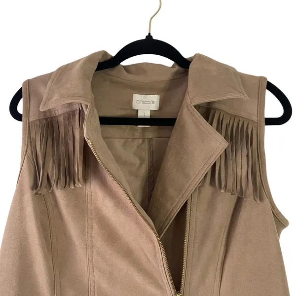 Chico's Women's‎ Size 1 Small Tan Fringe Western Boho Side Zip Vest - Image 4