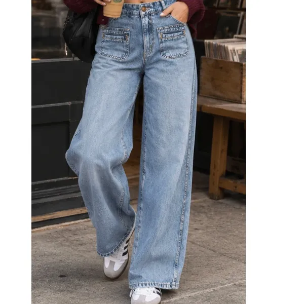 Old Navy High Rise Baggy Wide Leg Jeans Size 2 Denim Patch Pocket - Image 2