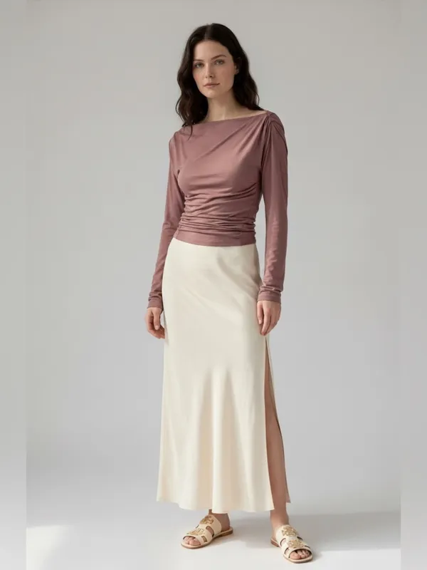 Free People Night We Met Long Sleeve purple Ruched Off The Shoulder Tunic Top - Image 2