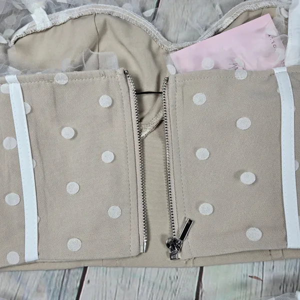 Hello Molly Malibu‎ Sunset Top White Beige Polka Dot Mesh Corset Crop M US 6 - Image 6