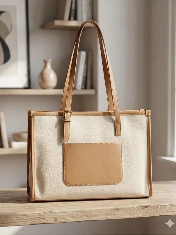 Mystique Boutique Cream and Tan Canvas Tote Bag - Image 2
