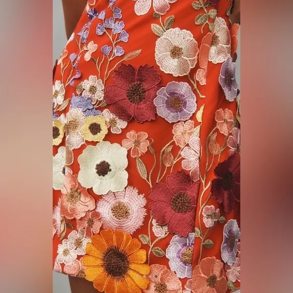 Anthropologie Endless Rose 3D Flowers Floral Embroidered‎ Red Mini Dress S - Image 4