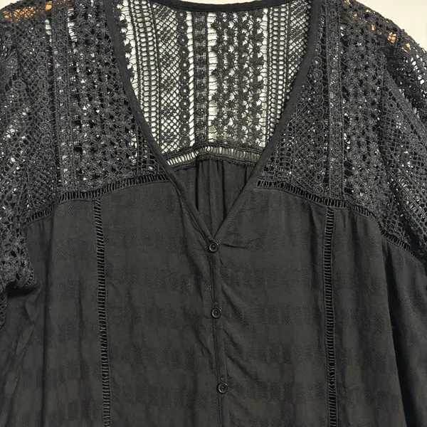 Bell Sleeve Blouse Black Crochet Lace Boho Peasant Festival Date Casual Hippie L - Image 5
