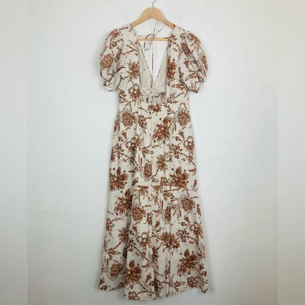 Abercrombie & Fitch cream and brown print puff sleeve floral maxi dress. M - Image 5