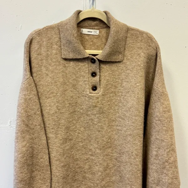 Mango MNG Women's Oversized Knit Polo Sweater Tan Marl Button Neck Large‎ - Image 5