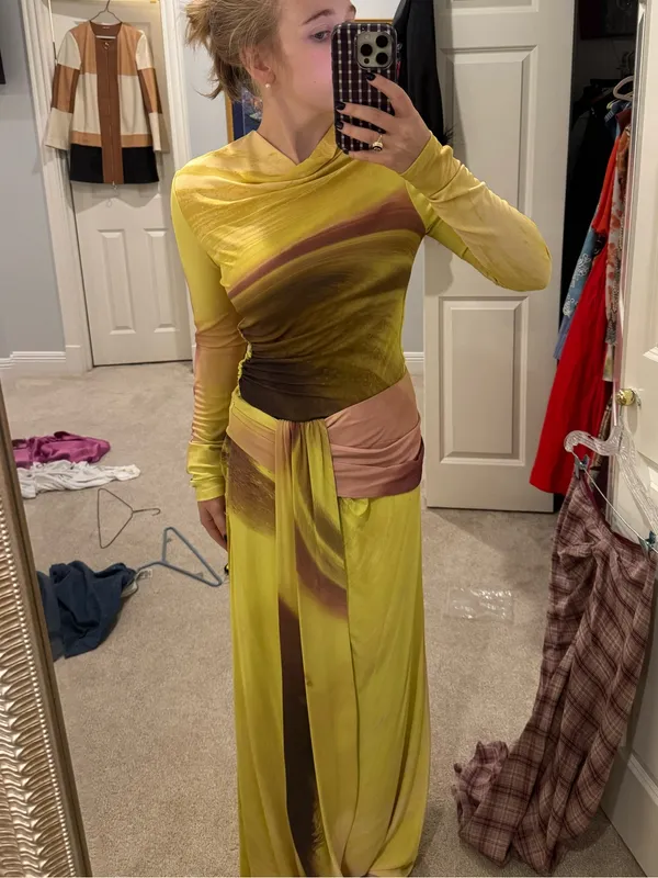Simkhai Anika Printed Draped Midi Skirt Yellow Size M - Image 5