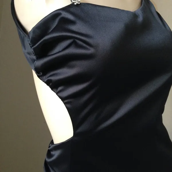 Faviana Black Satin Long Evening Dress Back & Side Cutout Rhinestone Strap Sz 2 - Image 4