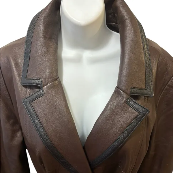 VTG Brown Leather Trench Coat Belted Contrast Trim Minimalist Chic Sz 16 Lined - Image 12