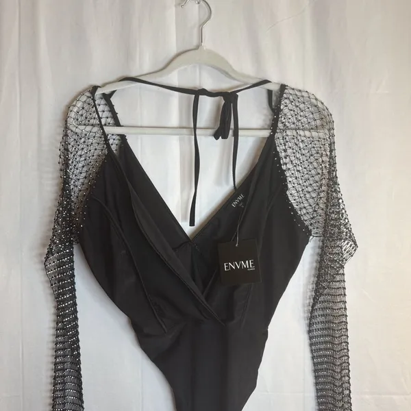 ENVME BLACK STRETCH RHINESTONE MESH BODYSUIT SNAP CROTCH Size Small NWT - Image 15