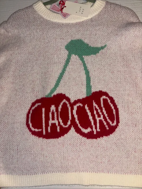 A New Day…Soft White And Pink Knit Pull Over Sweater With Red Cherry Graphic Nwt - Image 3