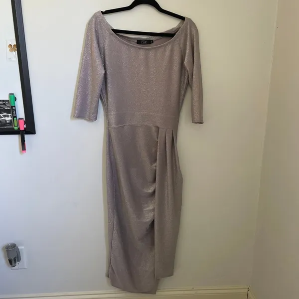Draped Sparkly Midi Dress Size Medium Glitter Metallic Pink Party‎ Wedding Glam - Image 3