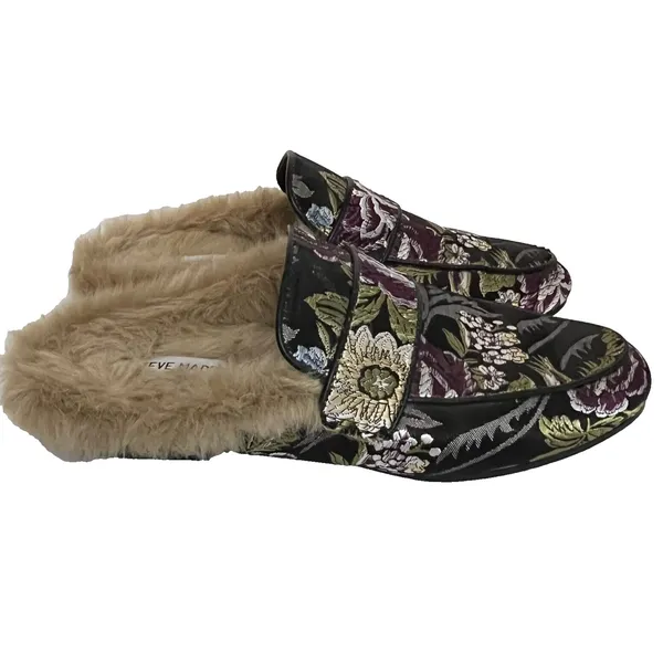 Steve‎ Madden Kaden Mules Women 7.5 Black Floral Brocade Faux Fur Lined KADE01S1 - Image 6