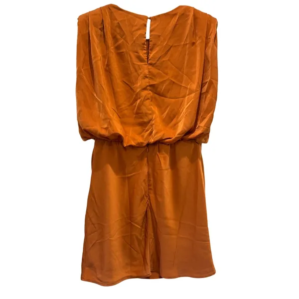 NEW DO+BE Mini Dress Women L Burnt‎ Orange Blouson Pleated Structured Shoulder - Image 5