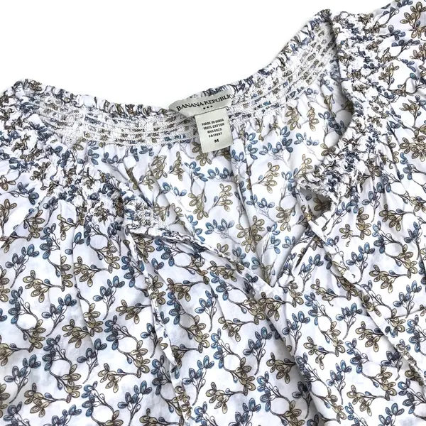 Banana Republic Blue White Brown Tie Sleeve Floral Cotton Top, Sz Medium - Image 2